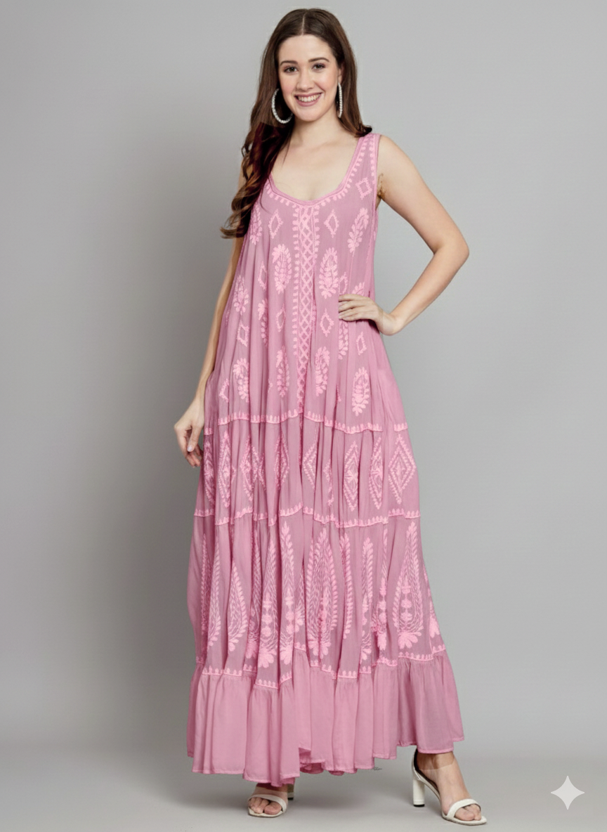 Hand Embroidered Chikankari Modal Kaftan-AL3605C
