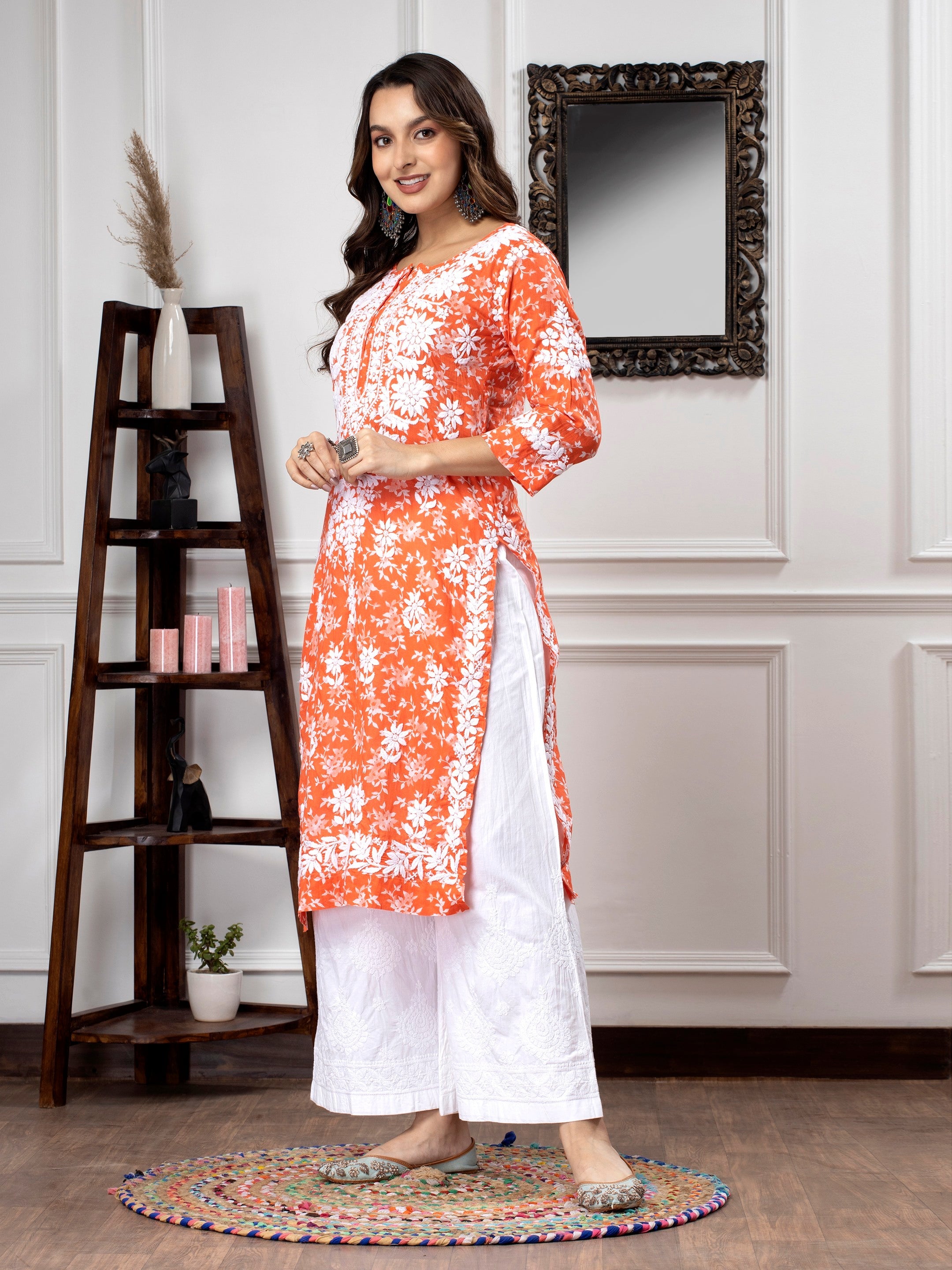 Hand Embroidered Chikankari Mulmul Straight Kurta-AL3648 Orange