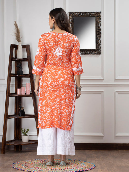 Hand Embroidered Chikankari Mulmul Straight Kurta-AL3648 Orange