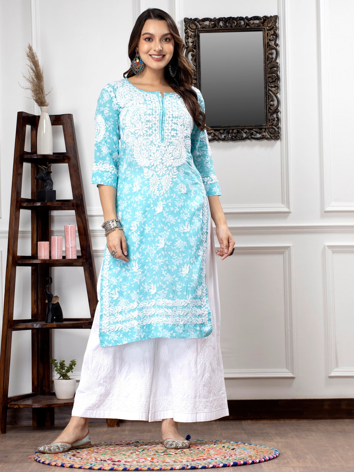 Hand Embroidered Chikankari Mulmul Straight Kurta-AL3648 Skyblue
