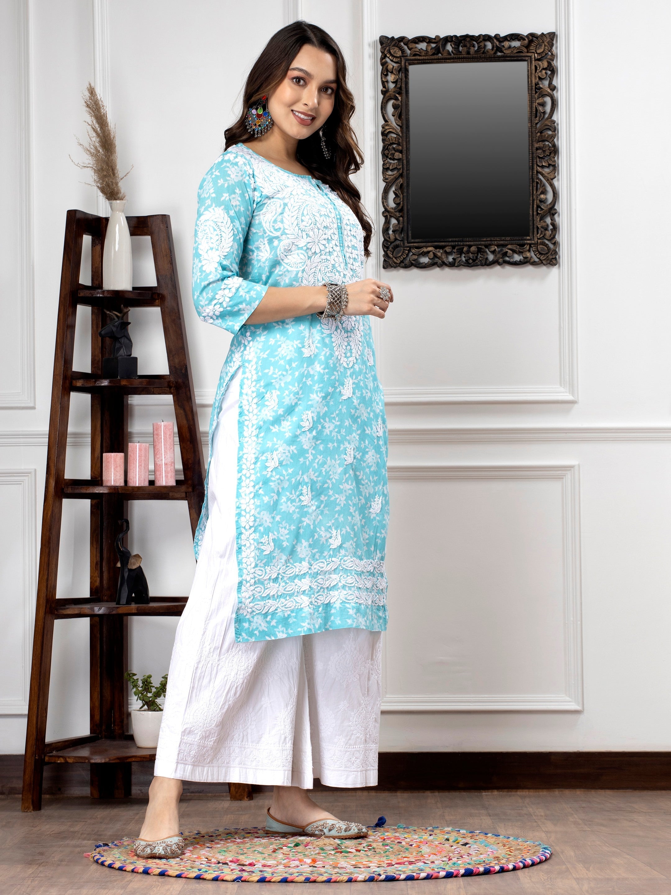 Hand Embroidered Chikankari Mulmul Straight Kurta-AL3648 Skyblue