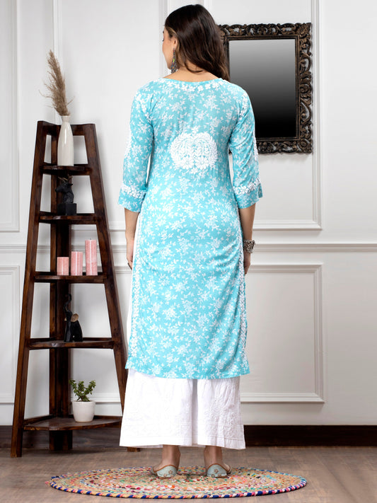 Hand Embroidered Chikankari Mulmul Straight Kurta-AL3648 Skyblue