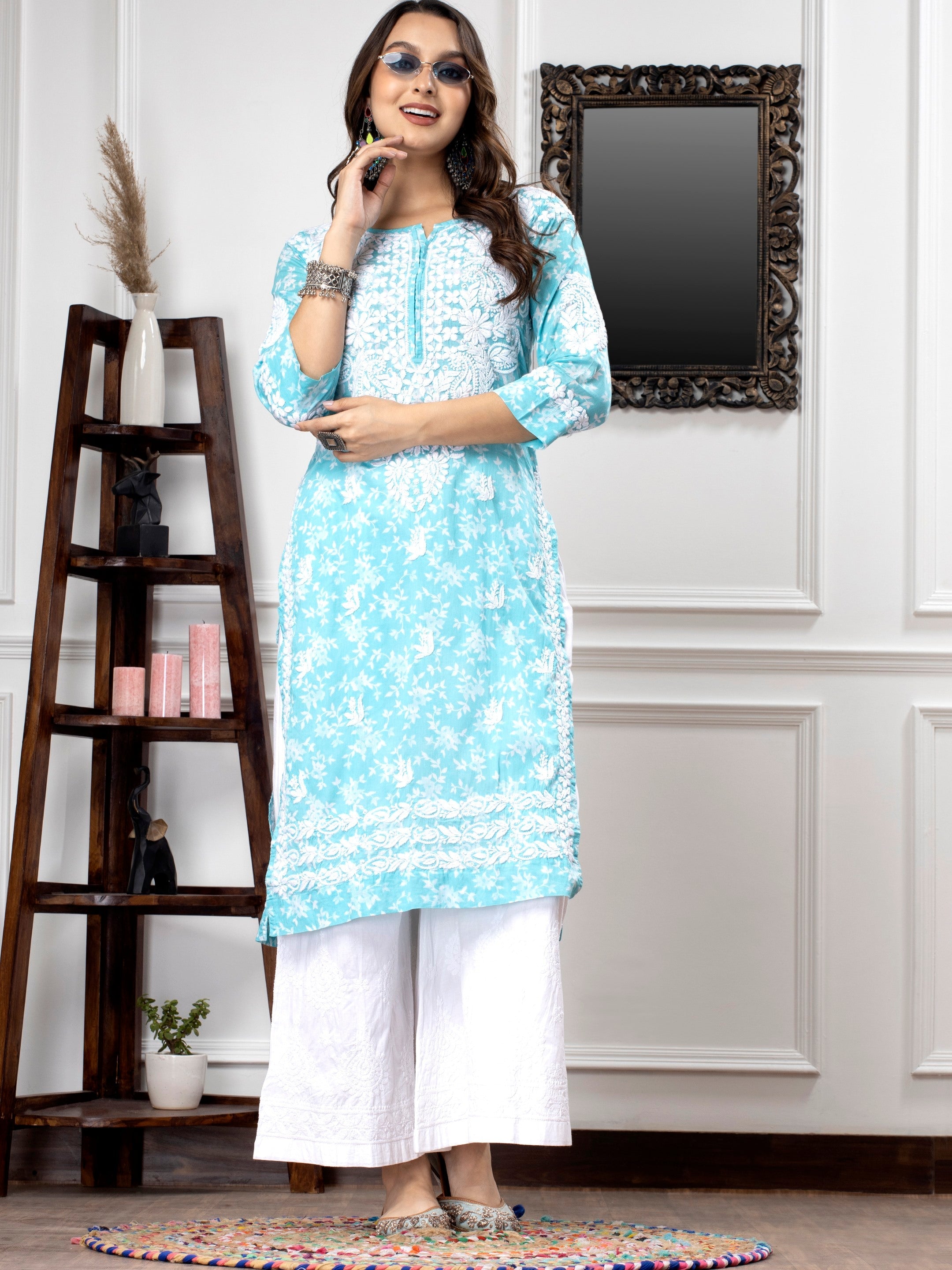 Hand Embroidered Chikankari Mulmul Straight Kurta-AL3648 Skyblue