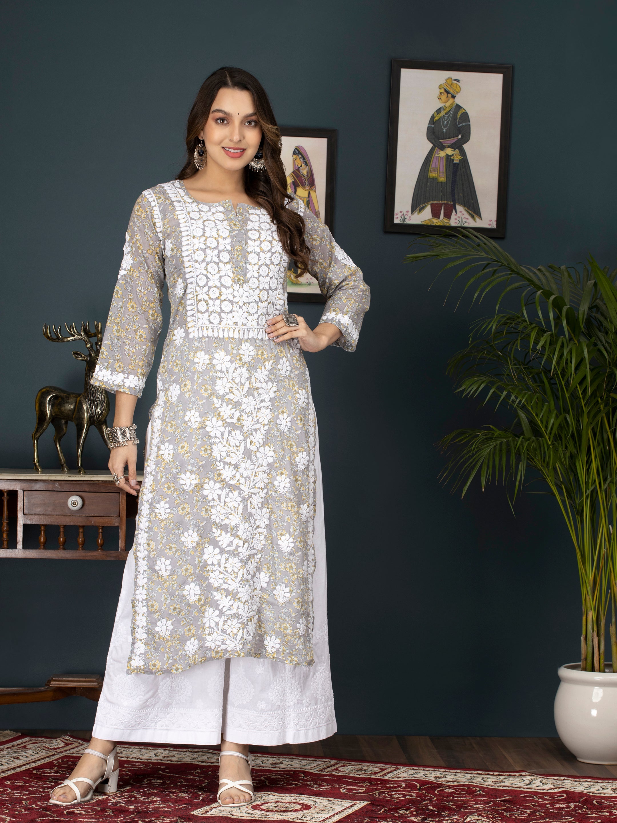 Women Hand Embroidered Chikankari Cotton Kurta-AL3637 Grey