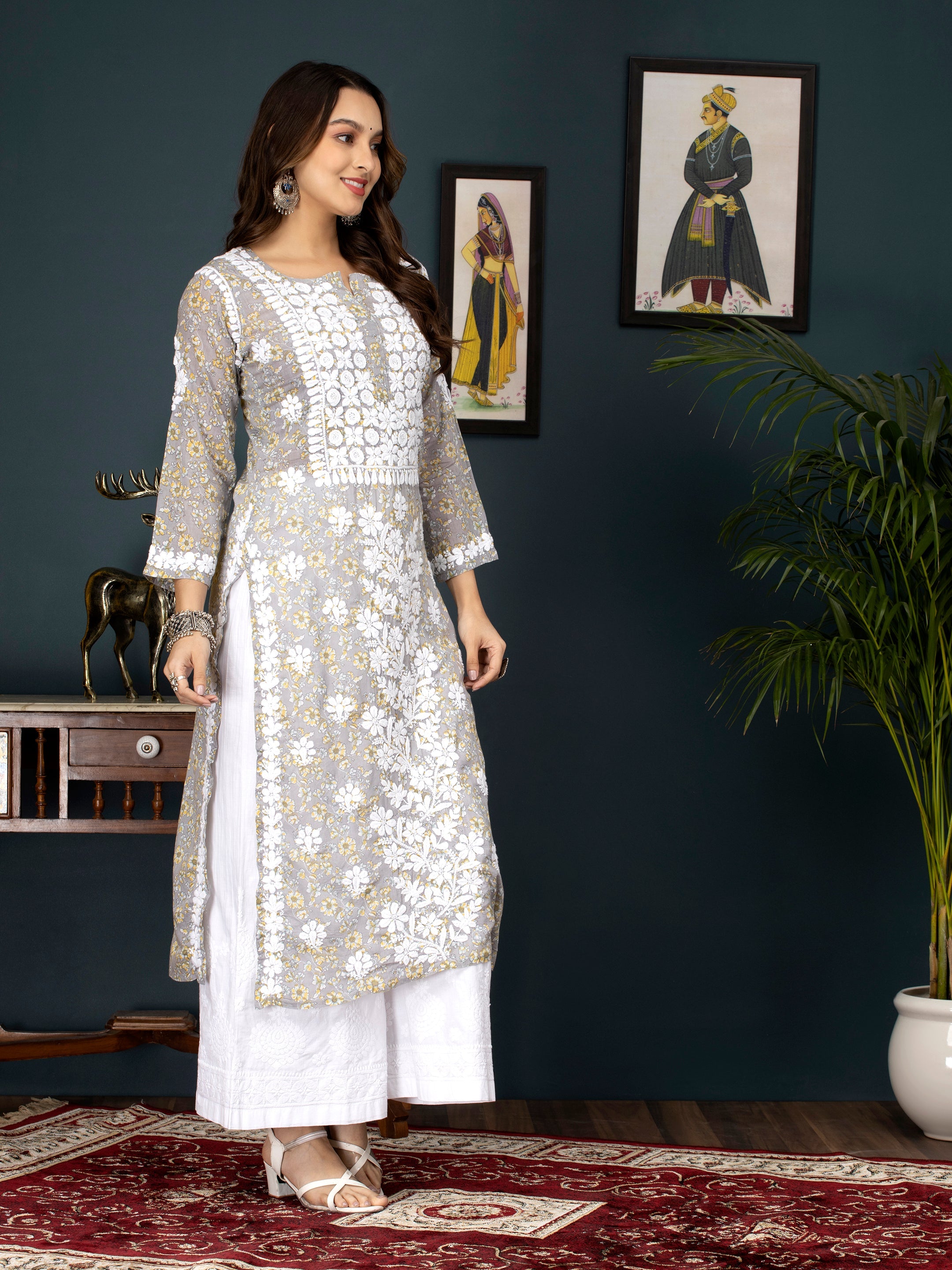 Women Hand Embroidered Chikankari Cotton Kurta-AL3637 Grey