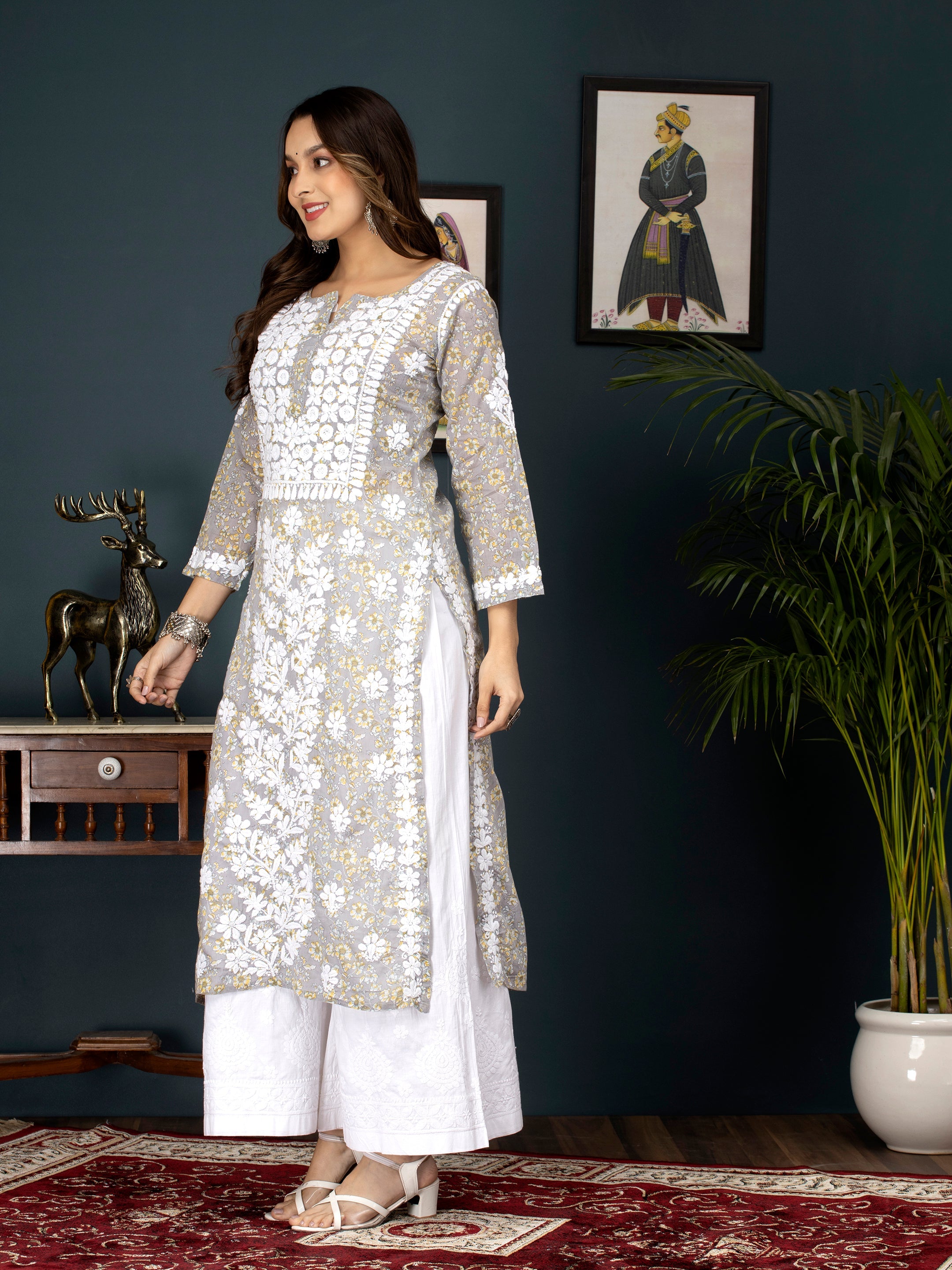 Women Hand Embroidered Chikankari Cotton Kurta-AL3637 Grey
