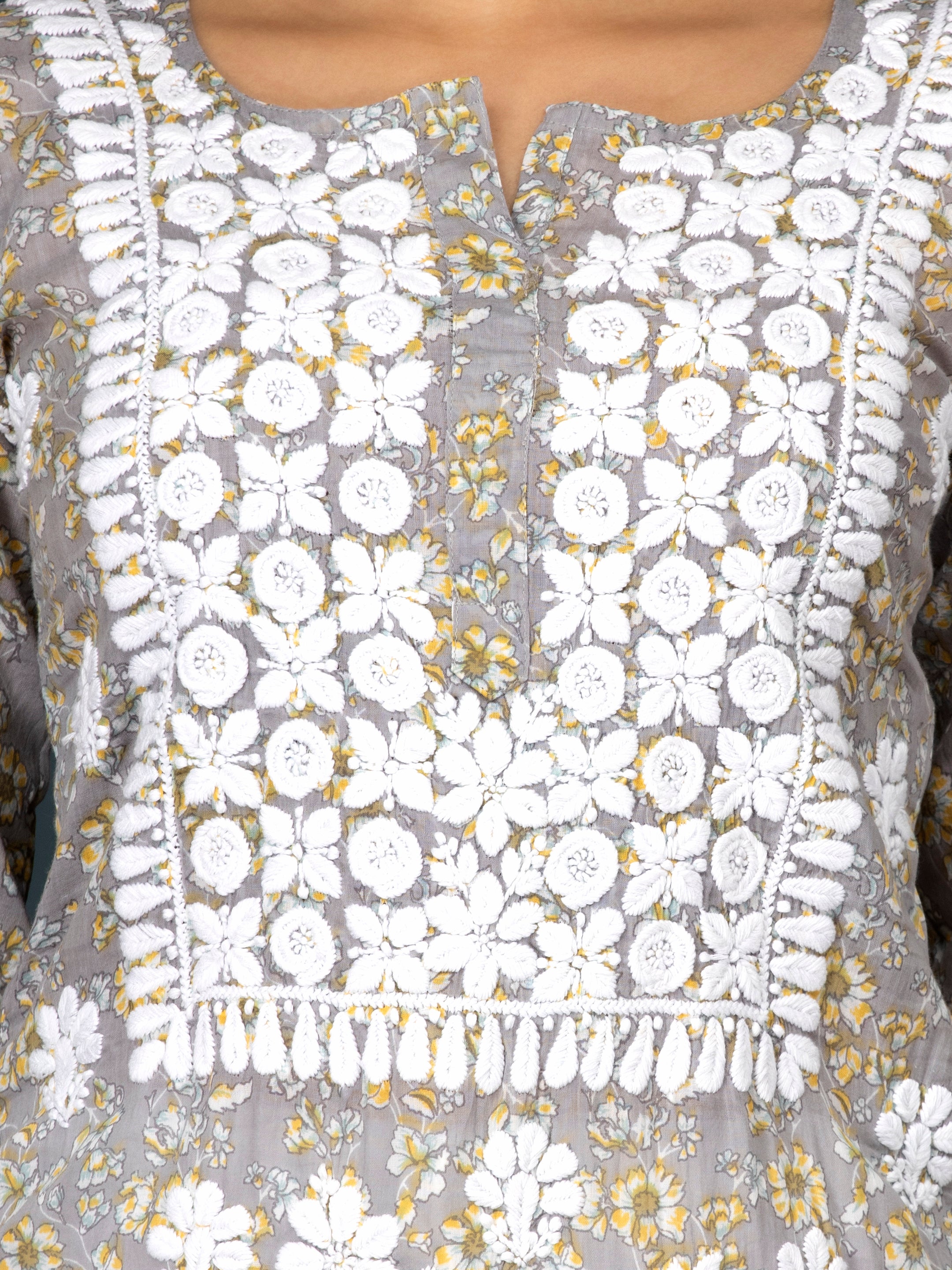 Women Hand Embroidered Chikankari Cotton Kurta-AL3637 Grey