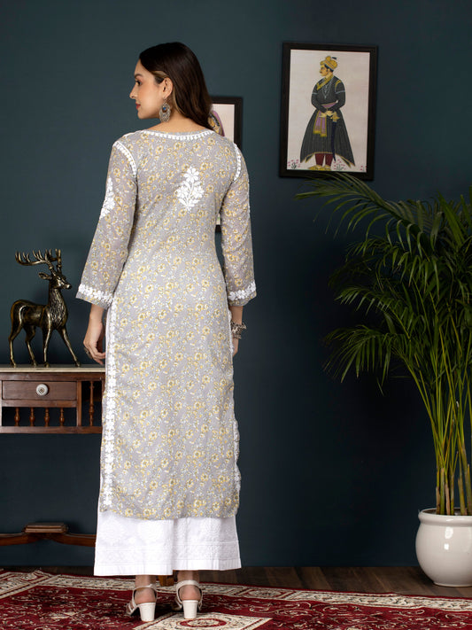 Women Hand Embroidered Chikankari Cotton Kurta-AL3637 Grey