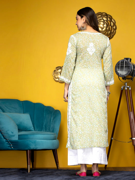 Women Hand Embroidered Chikankari Cotton Kurta-AL3637 Green