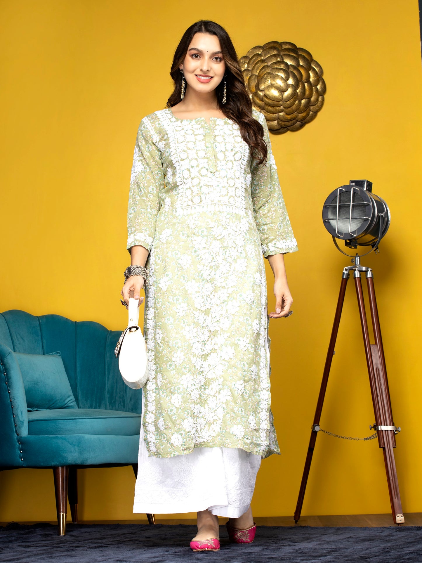Women Hand Embroidered Chikankari Cotton Kurta-AL3637 Green
