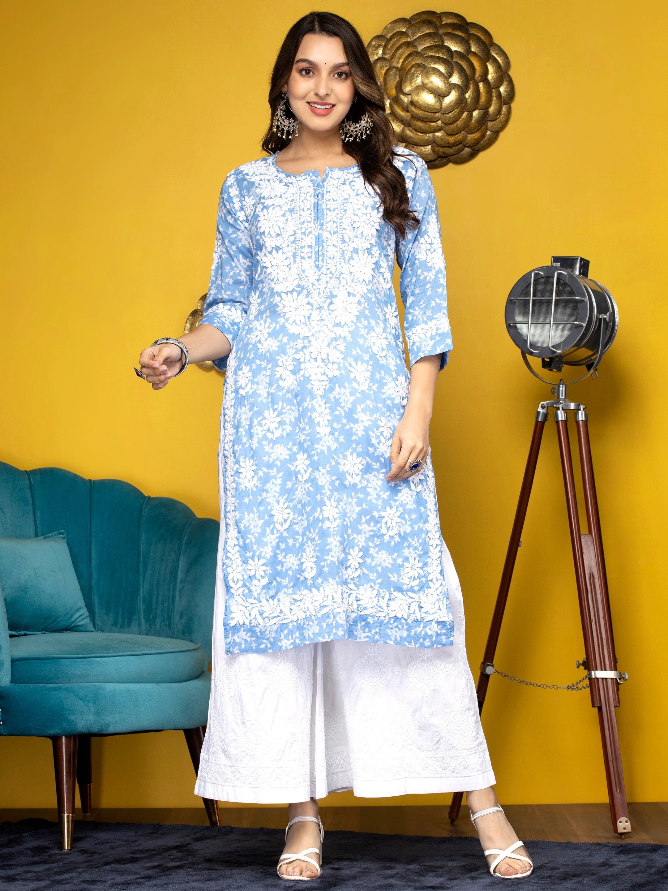 Hand Embroidered Chikankari Mulmul Straight Kurta-AL3648 Denim