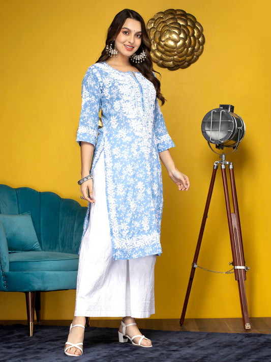 Hand Embroidered Chikankari Mulmul Straight Kurta-AL3648 Denim