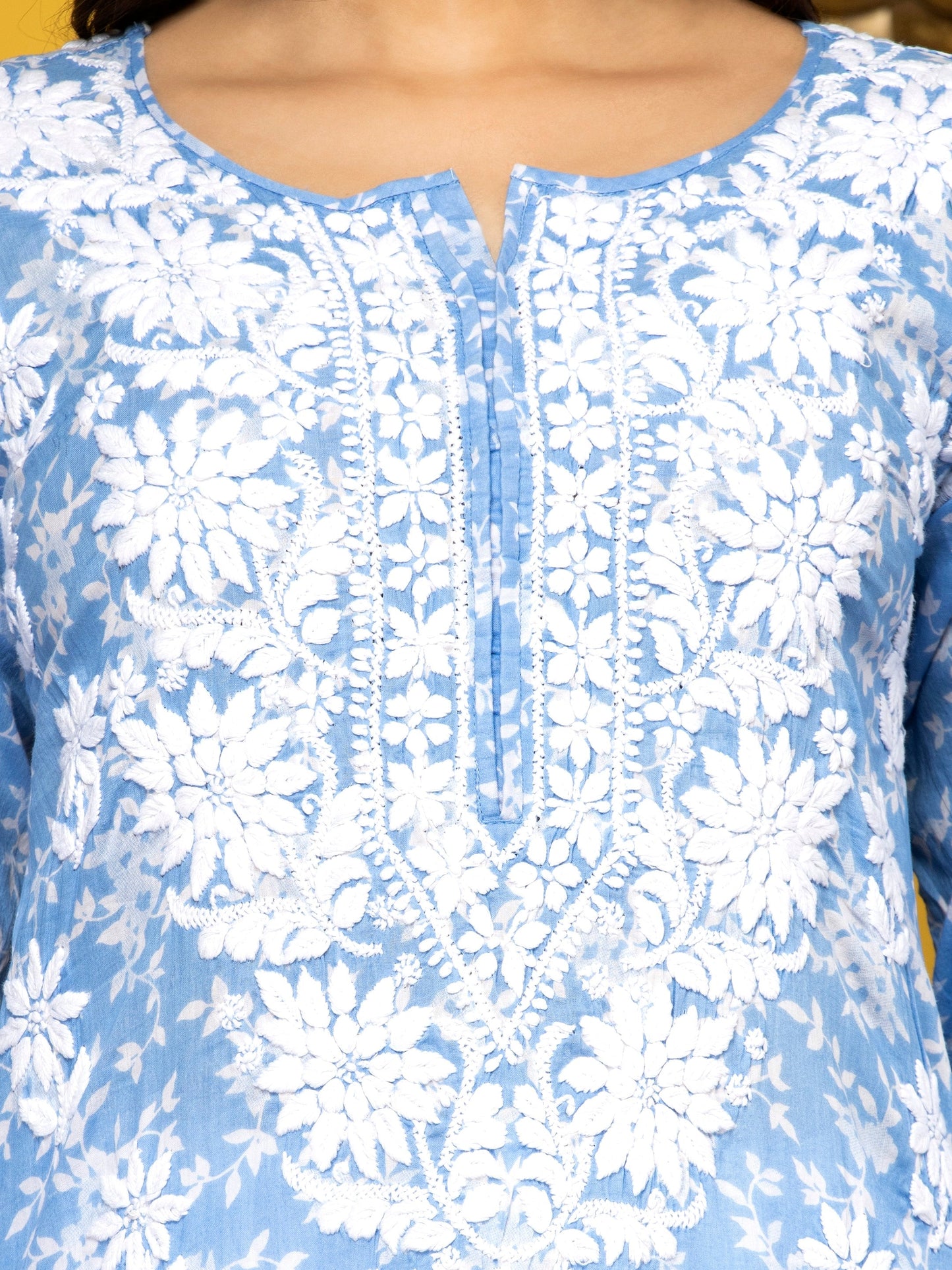Hand Embroidered Chikankari Mulmul Straight Kurta-AL3648 Denim
