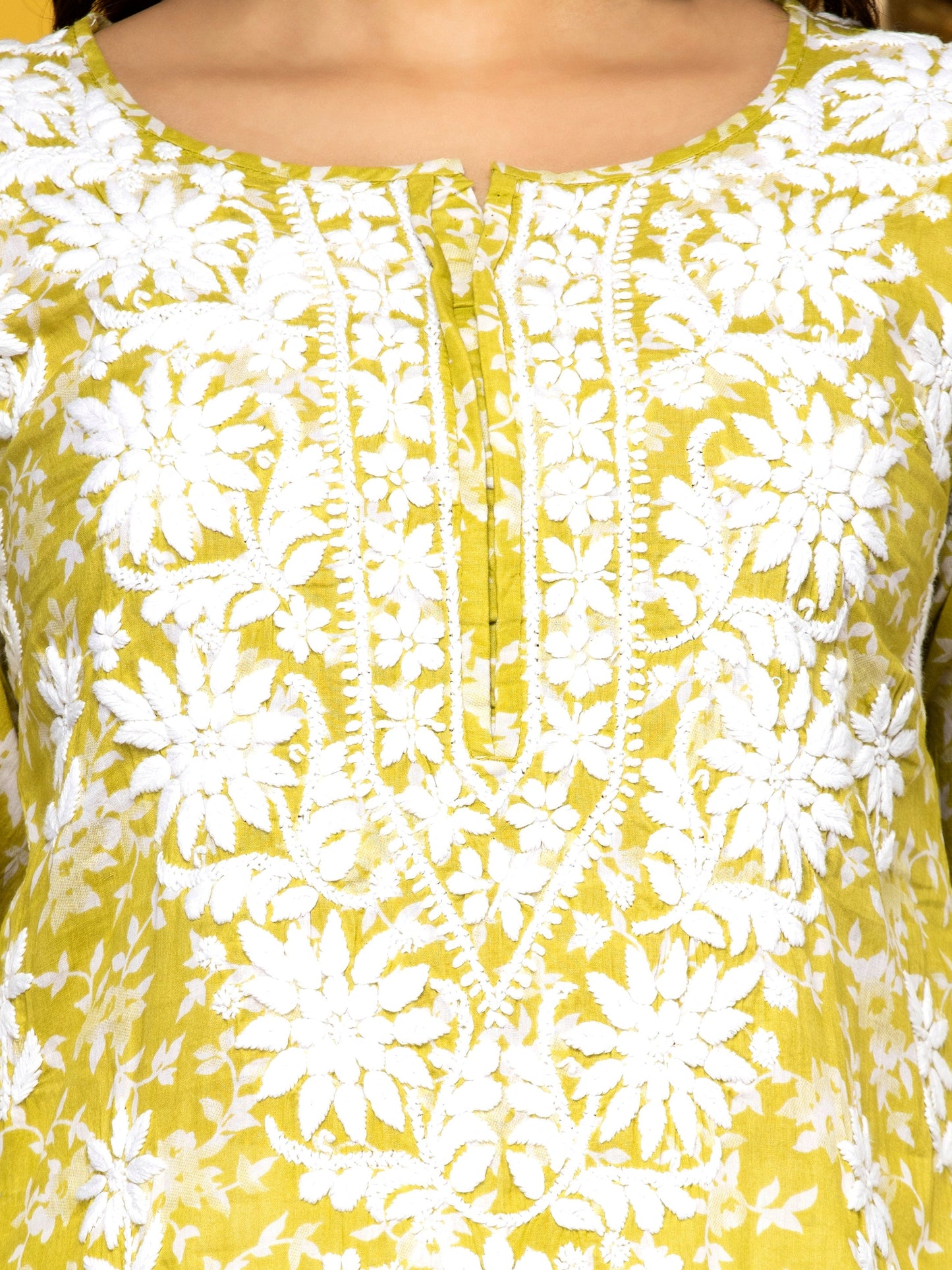 Hand Embroidered Chikankari Mulmul Straight Kurta-AL3648 Green