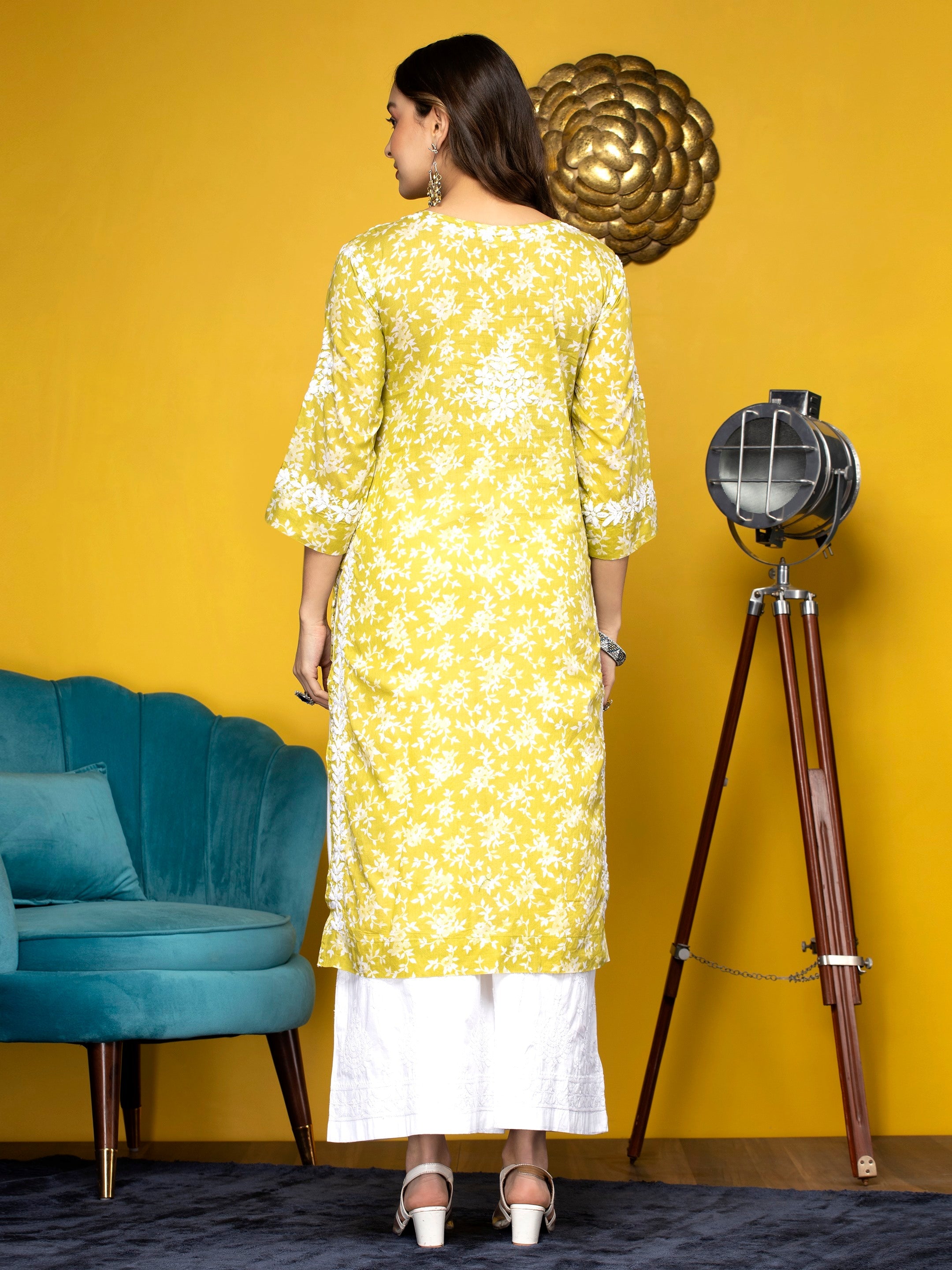 Hand Embroidered Chikankari Mulmul Straight Kurta-AL3648 Green