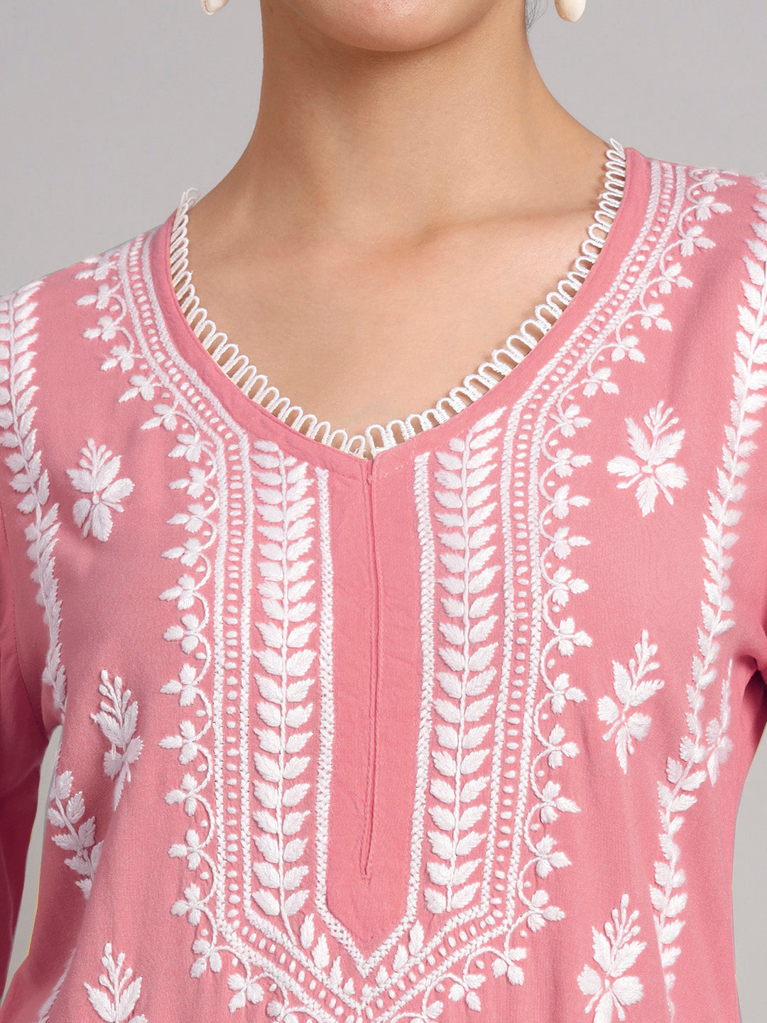 Women Hand Embroidered Lucknowi Chikankari Rayon Kurta Set-AL4078KS Rust