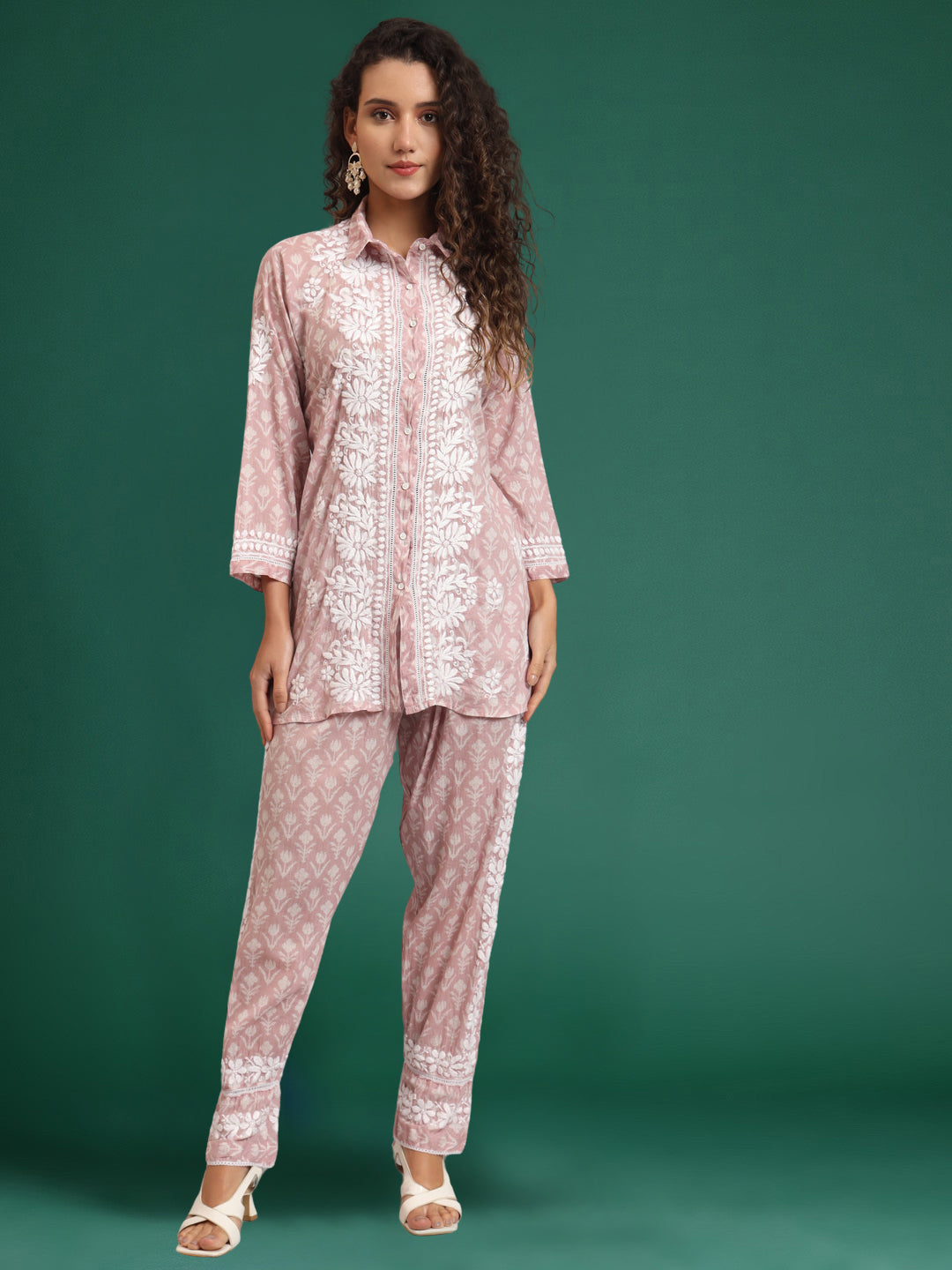 Women Chikankari Printed Mulmul Co-Ord Set for Women-AL4054 Onionpink