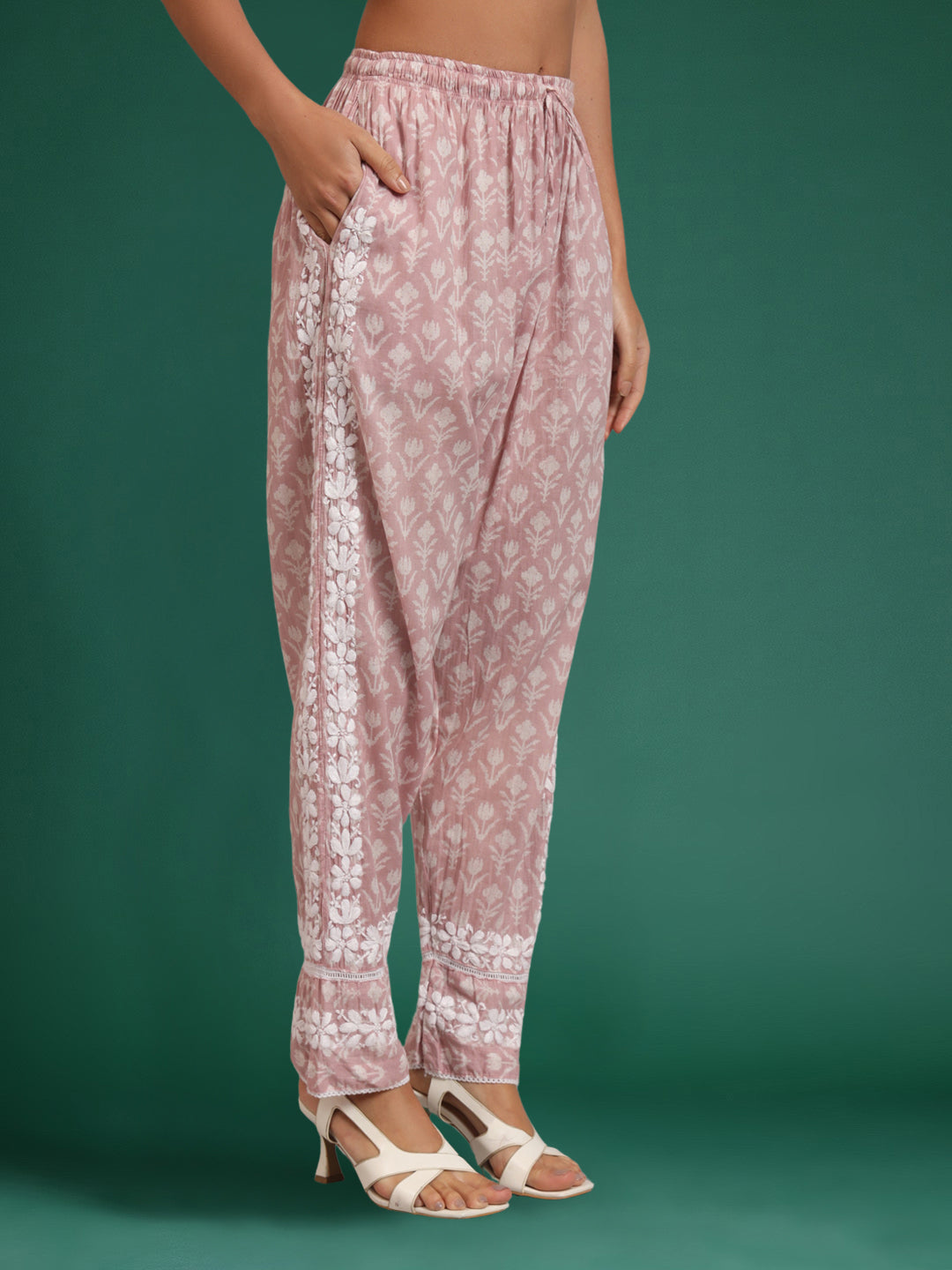 Women Chikankari Printed Mulmul Co-Ord Set for Women-AL4054 Onionpink