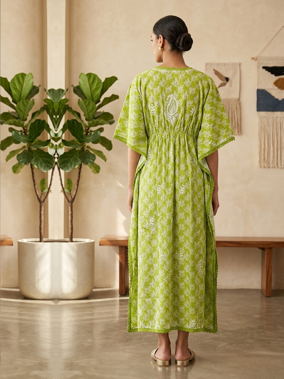 Hand Embroidered Chikankari Cotton Kaftan-AL3833 New Parrotgreen