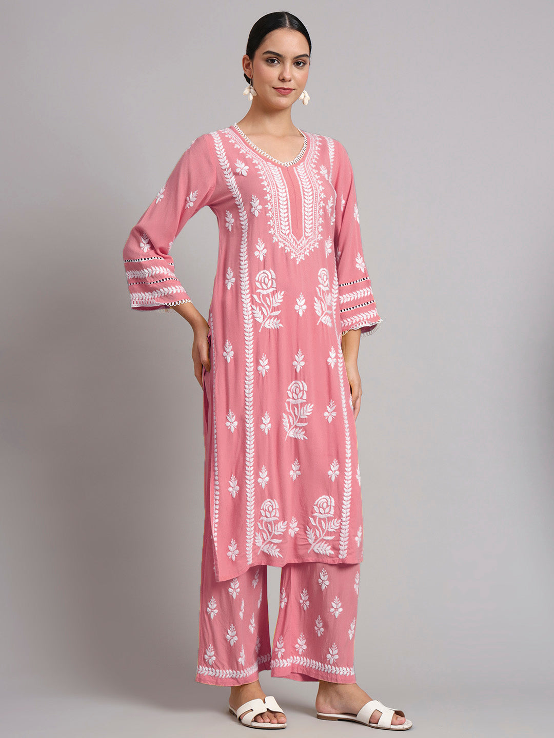 Women Hand Embroidered Lucknowi Chikankari Rayon Kurta Set-AL4078KS Rust