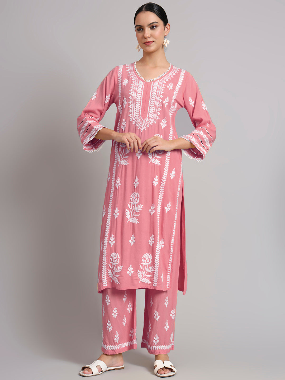 Women Hand Embroidered Lucknowi Chikankari Rayon Kurta Set-AL4078KS Rust