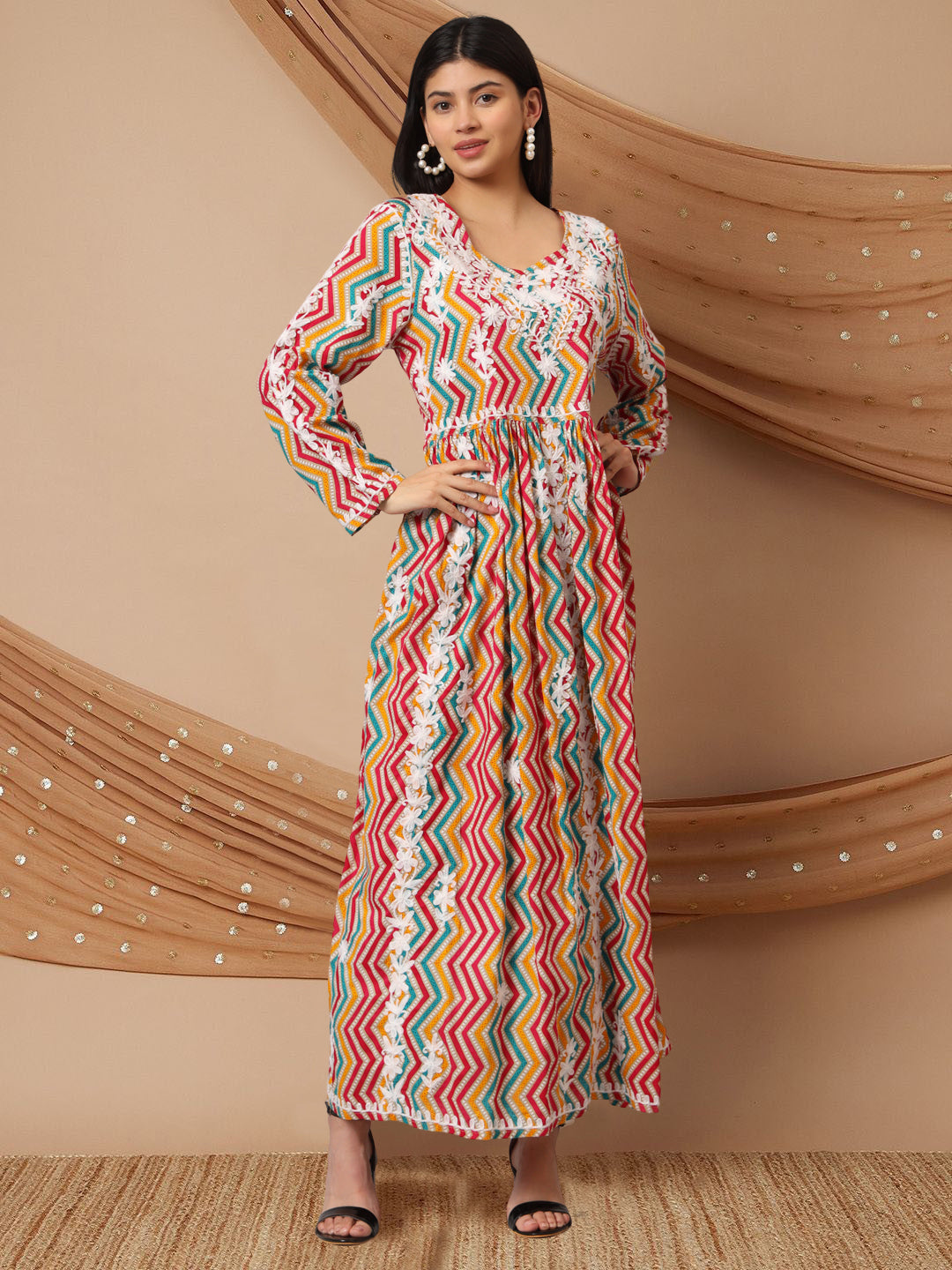 Hand Embroidered Lucknowi Chikankari Printed Mulmul Cotton Jalabiya-AL3936 Mustard & Pink