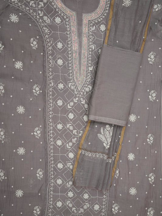 Women Hand Embroidered Premium Chikankari Mul Chanderi Unstitched Kurta Dupatta Bottom Set-ALSCA85201FS Grey