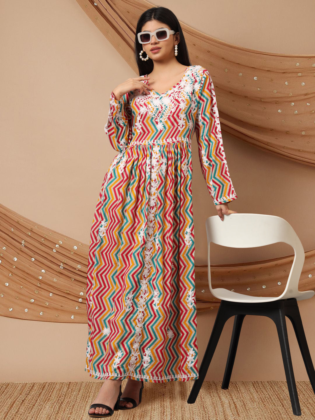 Hand Embroidered Lucknowi Chikankari Printed Mulmul Cotton Jalabiya-AL3936 Mustard & Pink
