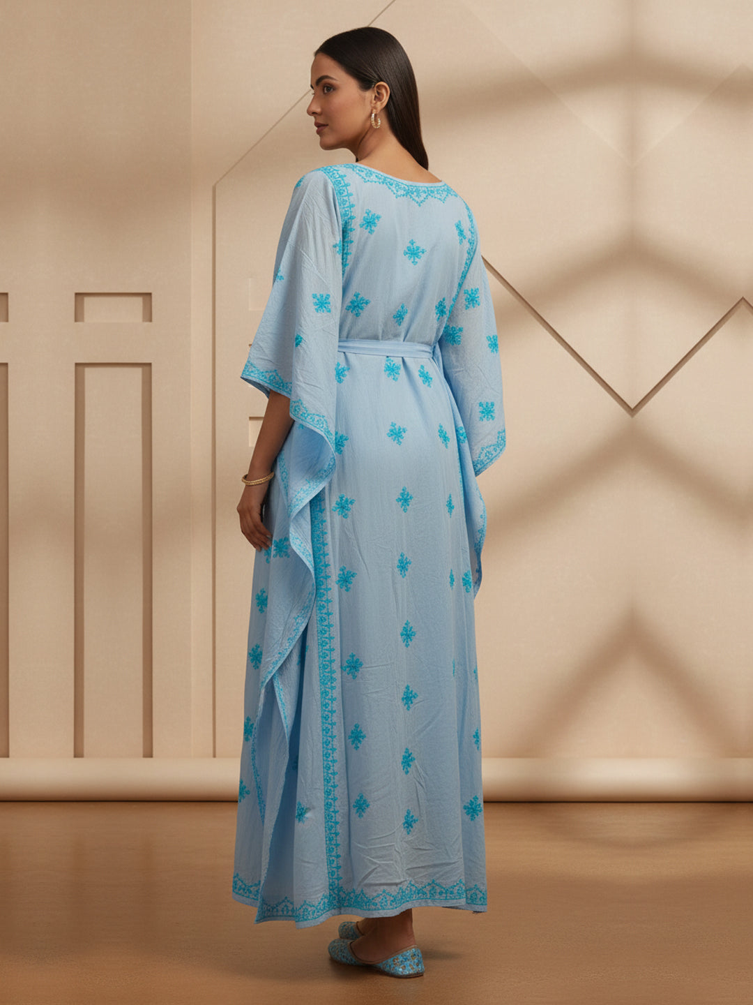 Hand Embroidered Chikankari Modal Kaftan-AL3604A Denimandturquoise