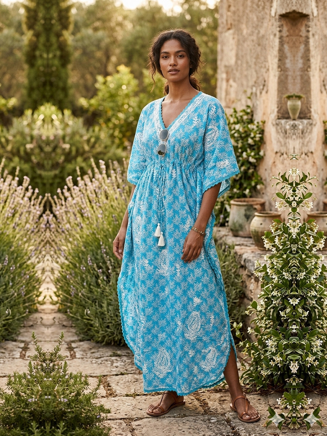 Hand Embroidered Chikankari Cotton Kaftan-AL3833 New Turquoise