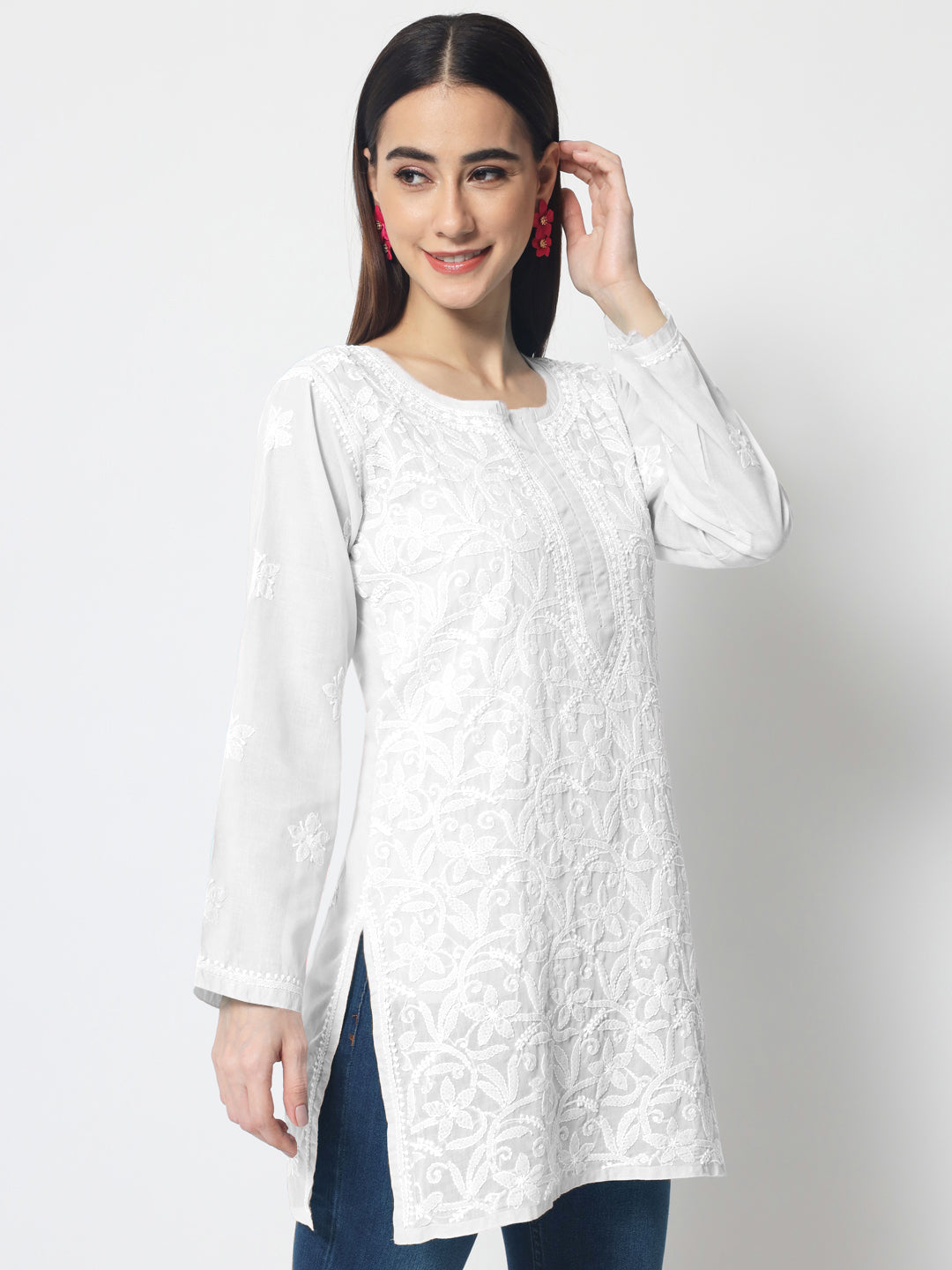 Hand Embroidered Chikankari Cotton Straight Tunic-AL3591 White