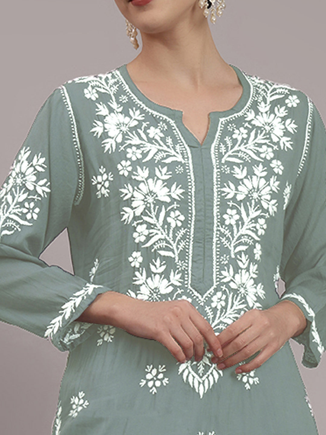 Women Hand Embroidered Chikankari Modal Kurta-AL4059 Light Grey