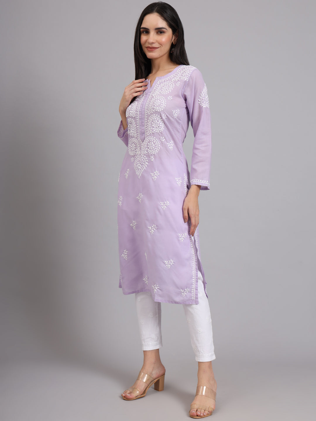 Hand Embroidered Chikankari Cotton Straight Kurta-AL3997 Mauve