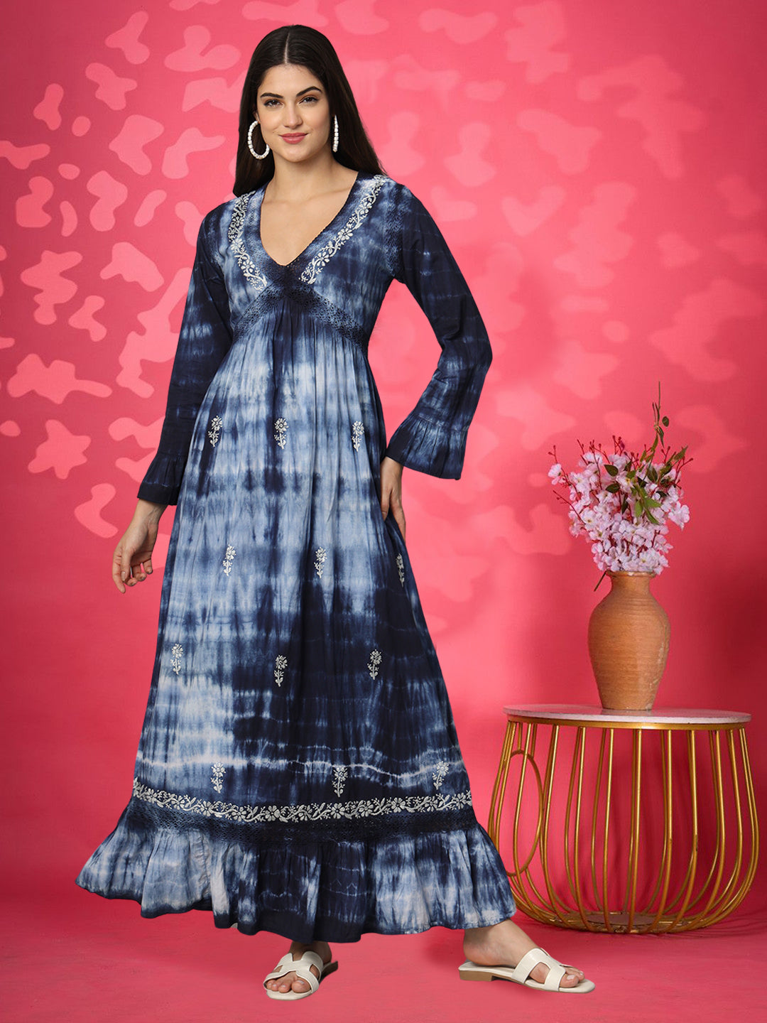 Women Chikankari Hand Embroidered Cotton Jalabiya in Tie-Dye shades-AL2160 Navy