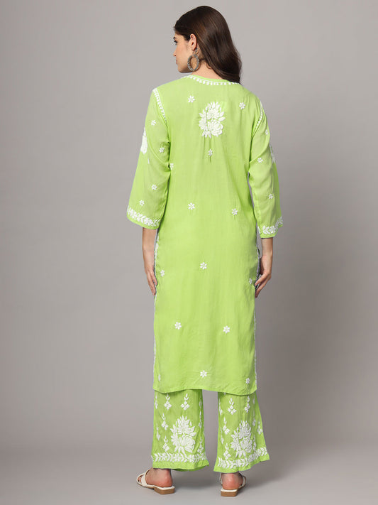 Women Hand Embroidered Chikankari Modal Kurta set-AL4049KS Green