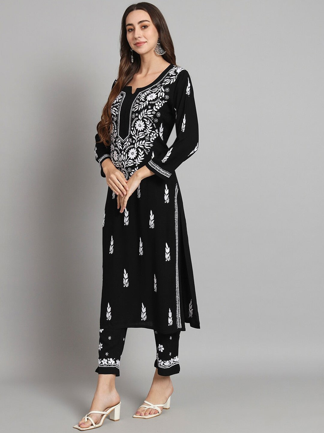 Women Hand Embroidered Chikankari Rayon Kurta set-AL3451KS Black