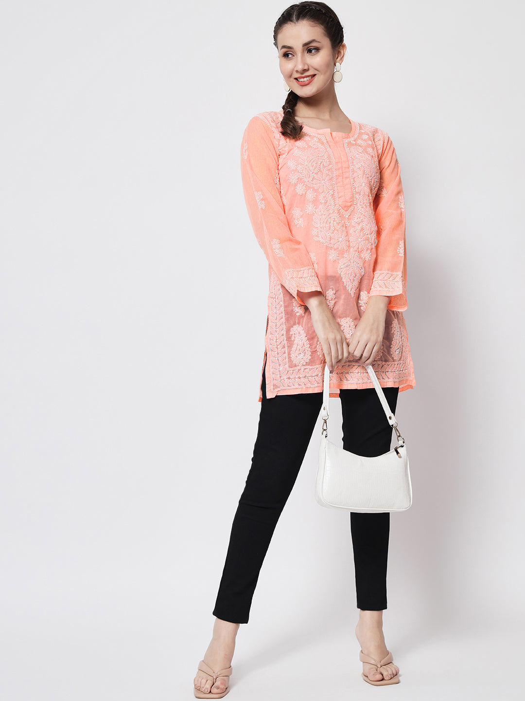 Hand Embroidered Chikankari Cotton Straight Kurti-AL3595 Darkpeach
