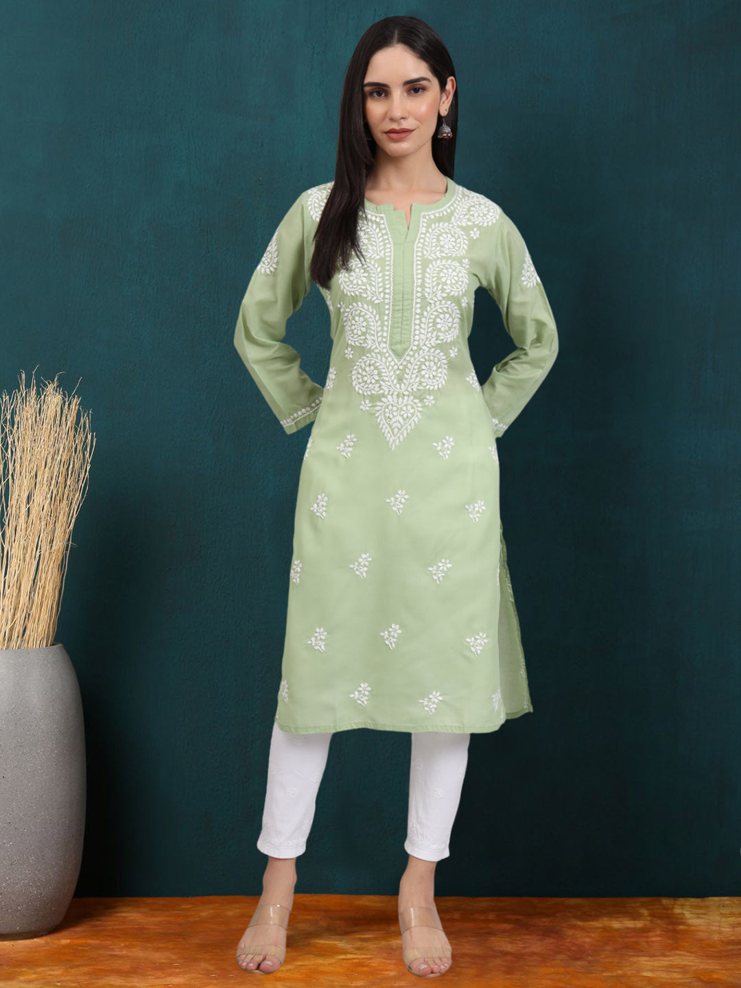 Hand Embroidered Chikankari Cotton Straight Kurta-AL3997 Green