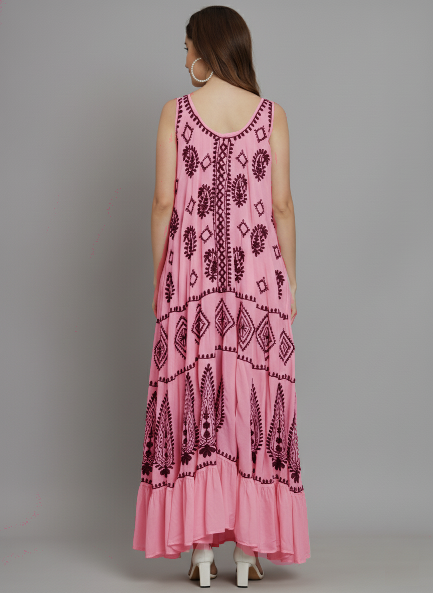 Hand Embroidered Chikankari Modal Kaftan-AL3605A Dustypink