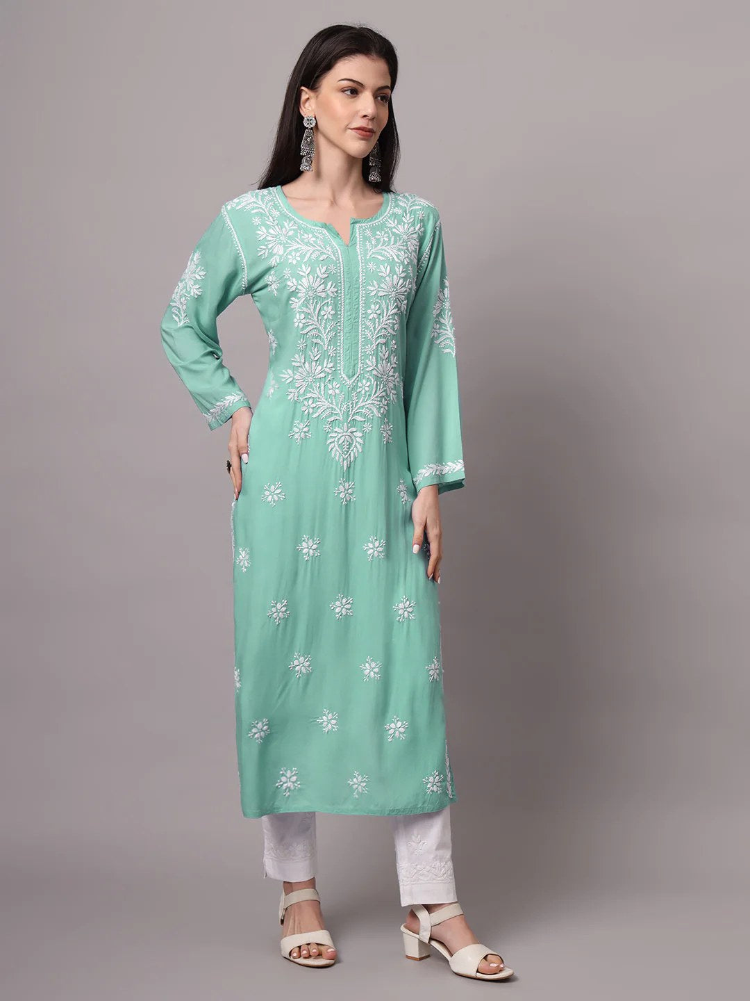 Women Hand Embroidered Chikankari Modal Kurta-AL4059 Sea Green