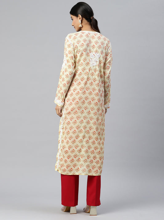 Women Hand Embroidered Chikankari Cotton Kurta-AL3649 Beige