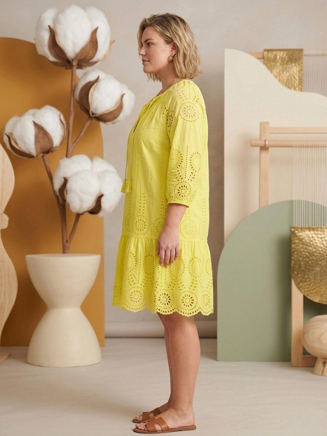 Women Cotton Midi Dress -AL3709 Yellow