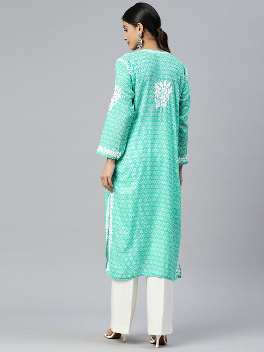 Women Hand Embroidered Lucknowi Chikankari Mulmul Cotton Kurta - AL3650 Green