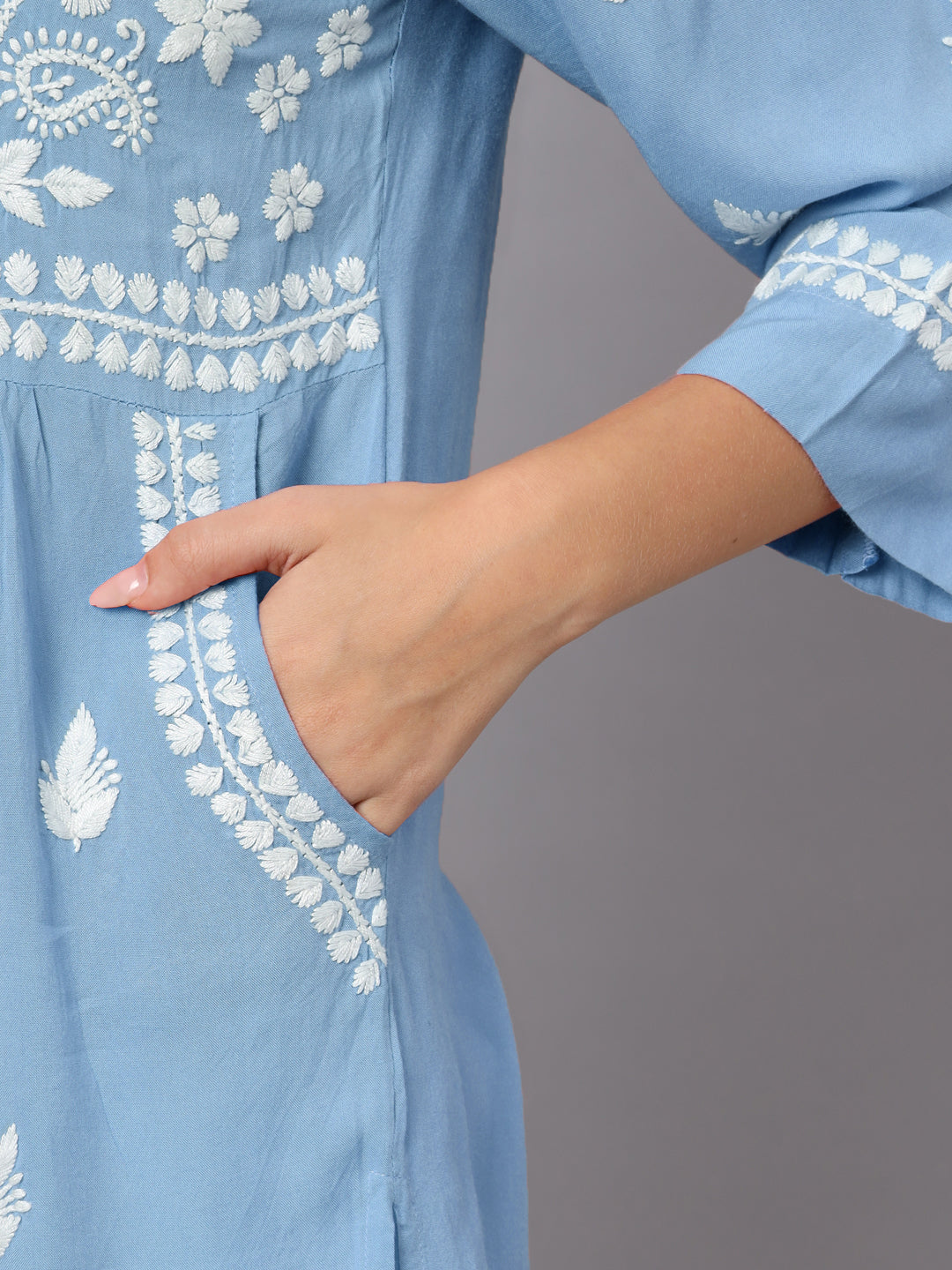 Women Hand Embroidered Chikankari Rayon Kurti with Pockets-AL3696 Blue