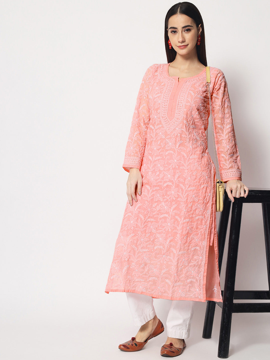 Women Hand Embroidered Chikankari Cotton Straight Kurta- AL3592 Darkpeach