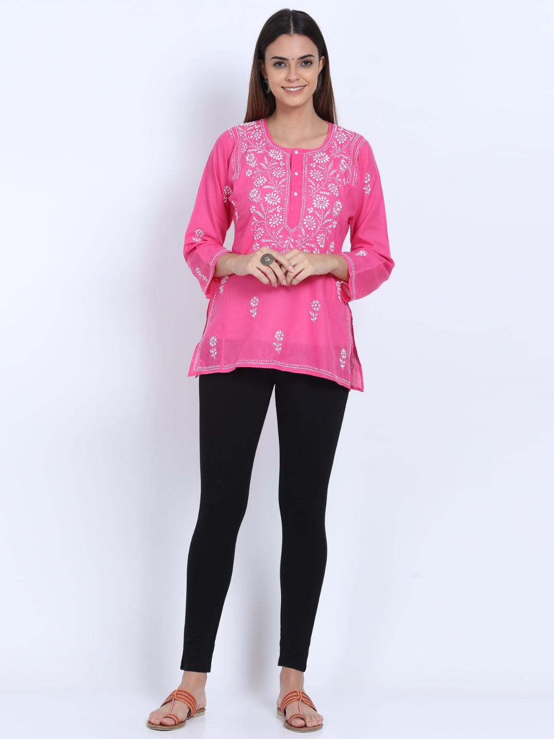 Women Hand Embroidered Chikankari Cotton Short Kurti-ALSTV115 Hotpink