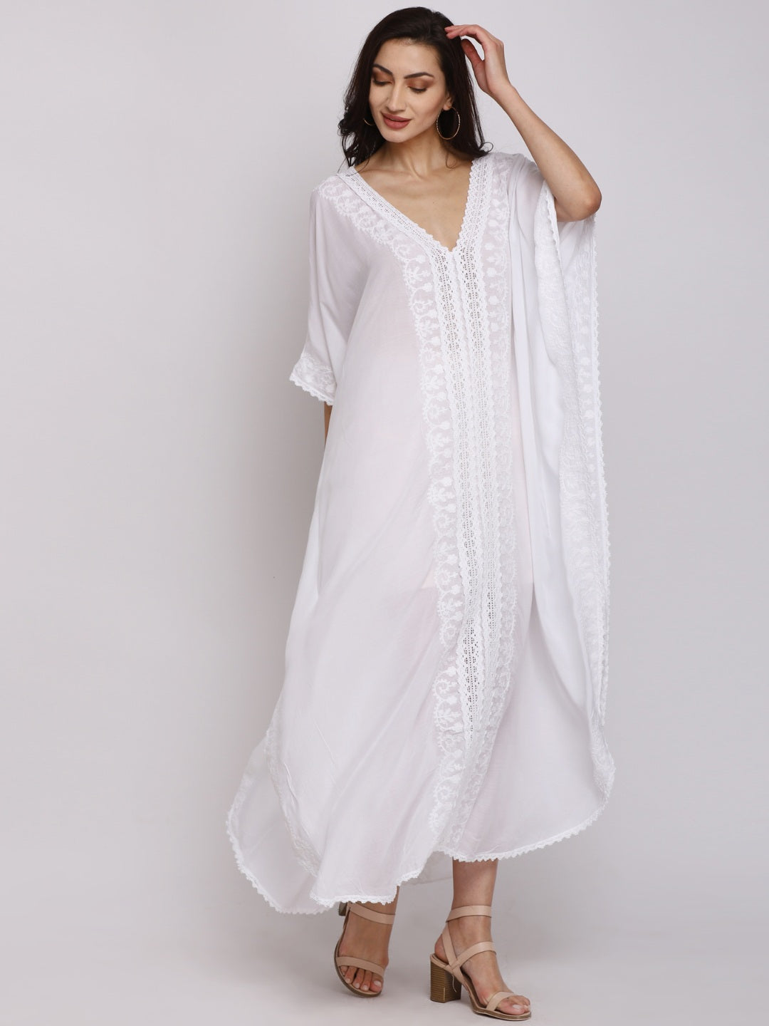 Hand Embroidered Chikankari Cotton Kaftan-AL2556