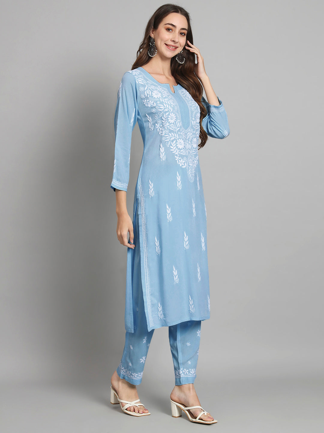 Women Hand Embroidered Chikankari Rayon Kurta set-AL3451KS Denim