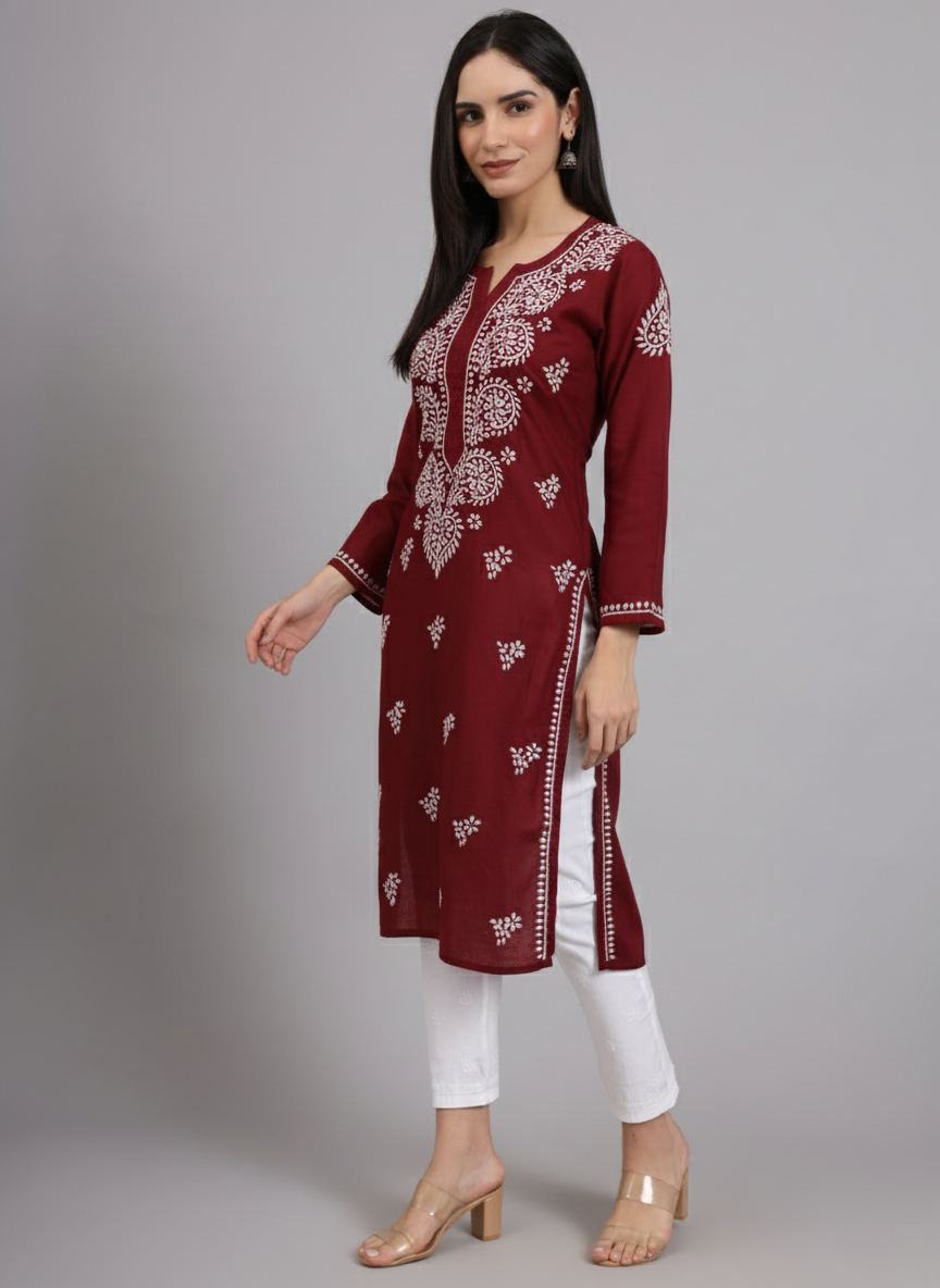 Women Chikankari Hand Embroidered Cotton Kurta -AL3997 Maroon