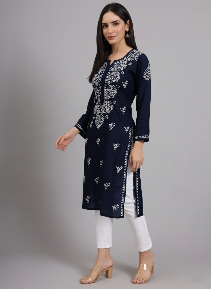 Women Chikankari Hand Embroidered Cotton Kurta -AL3997 Navy